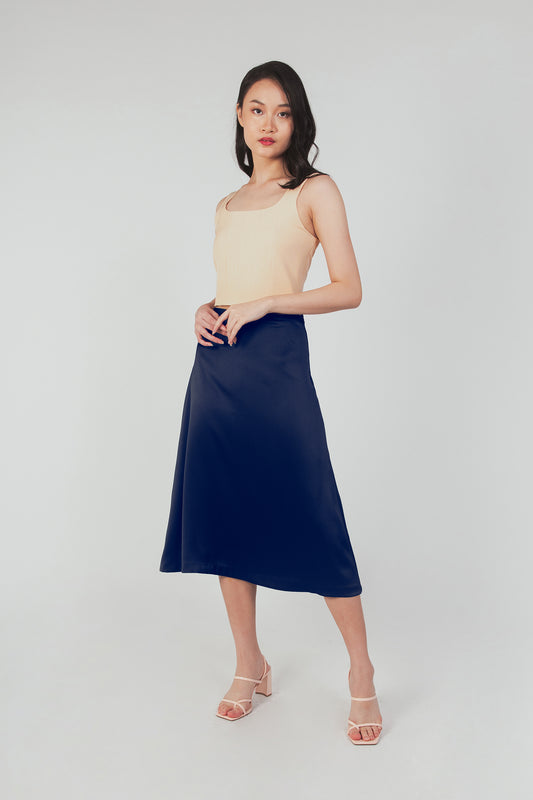 Textured Midi Slip Skirt - Navy