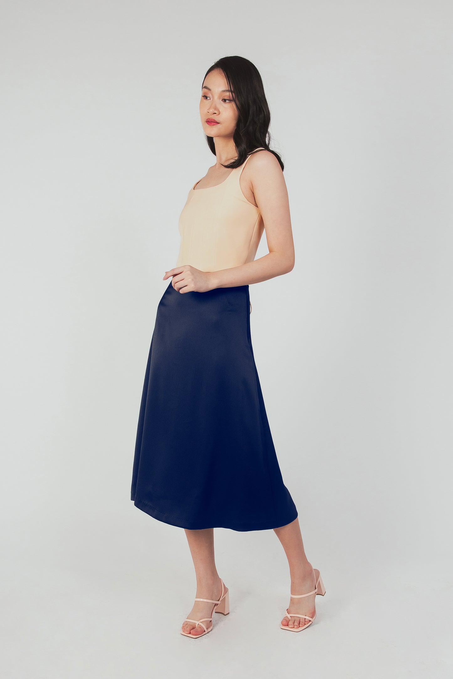 Textured Midi Slip Skirt - Navy