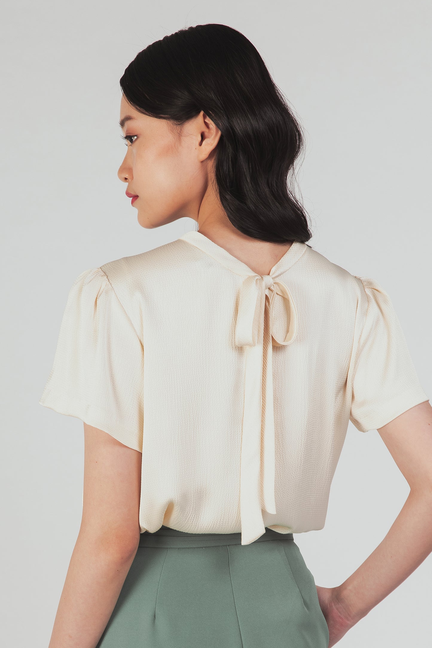 Textured Tie-back Blouse - Pearl