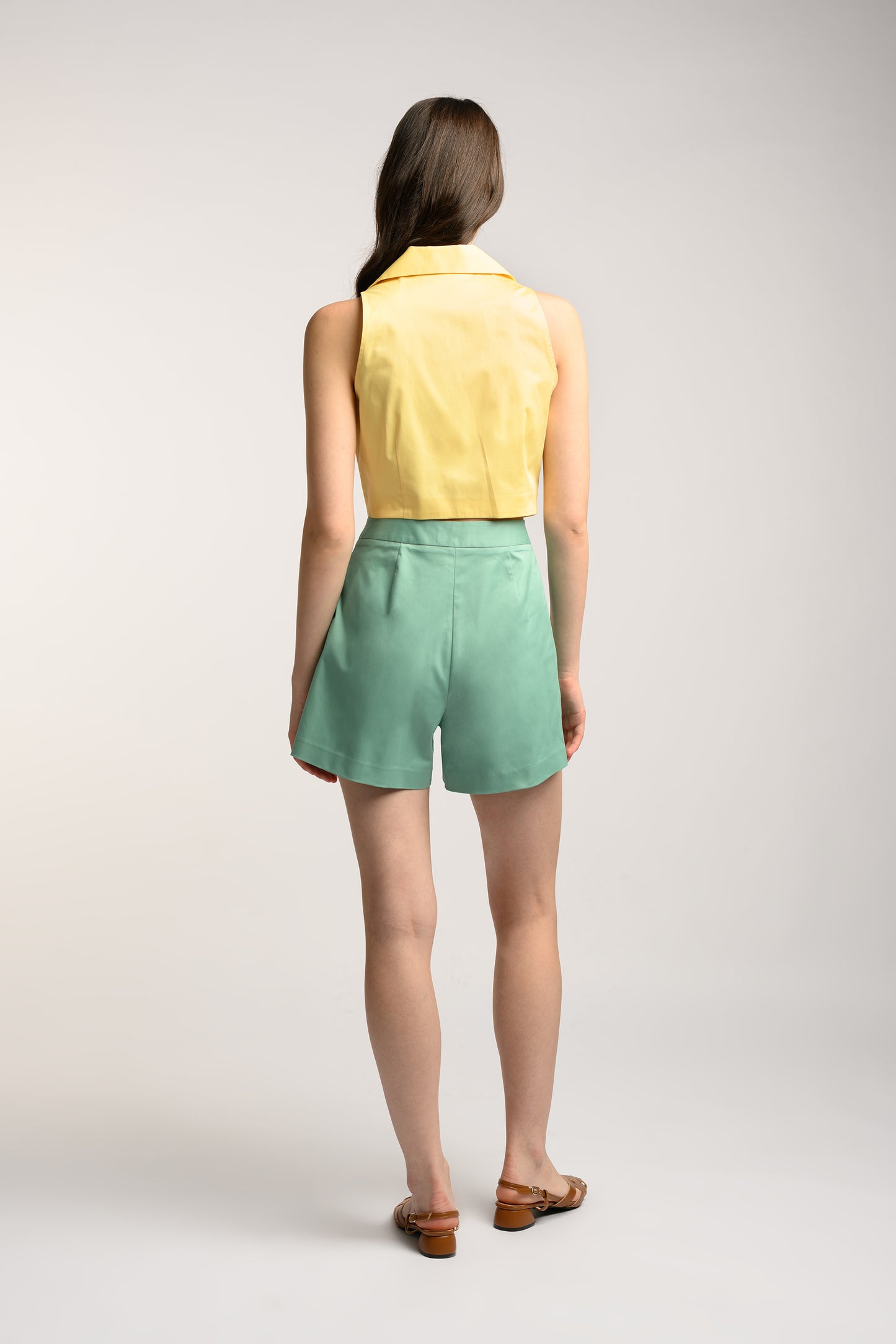 Cotton Pleated High Waist Shorts - Persian Green