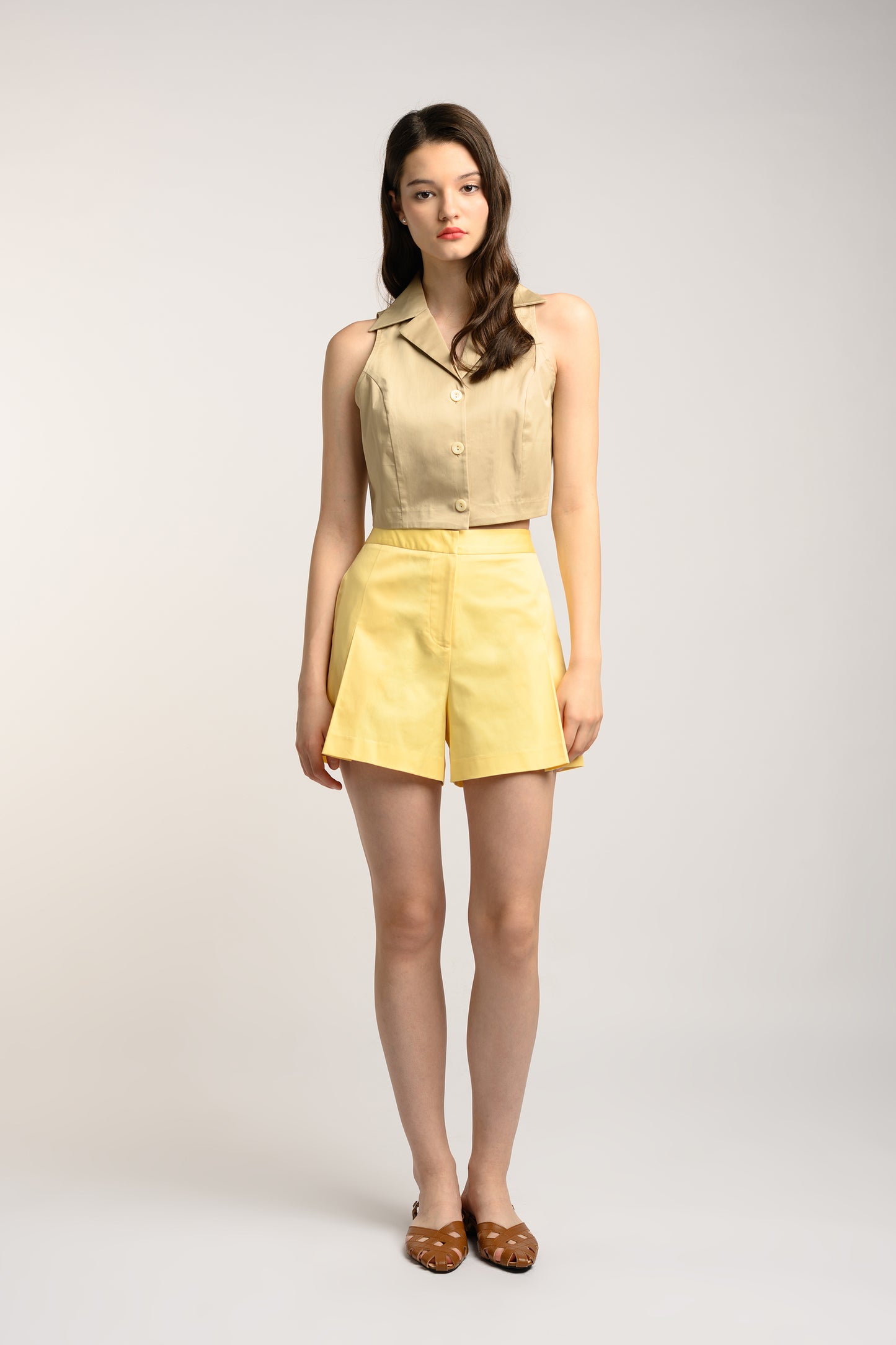 Cotton Pleated High Waist Shorts - Pale Yellow