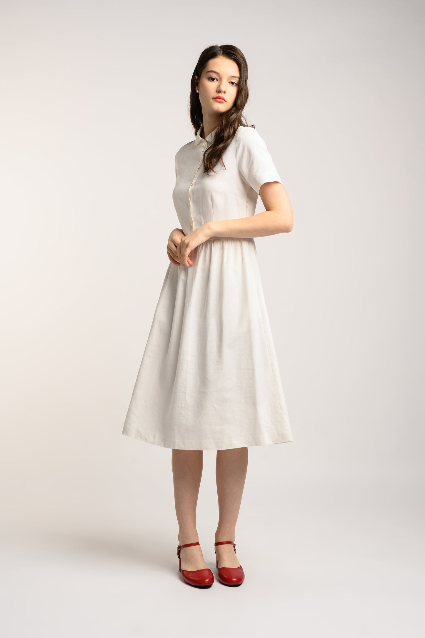 Collared Linen Dress - White