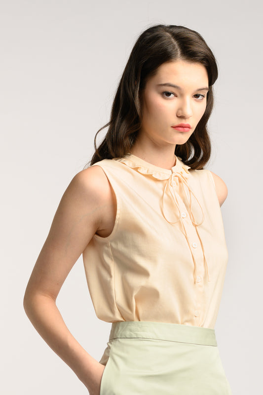 Blouse With Frill Trim Collar - Beige