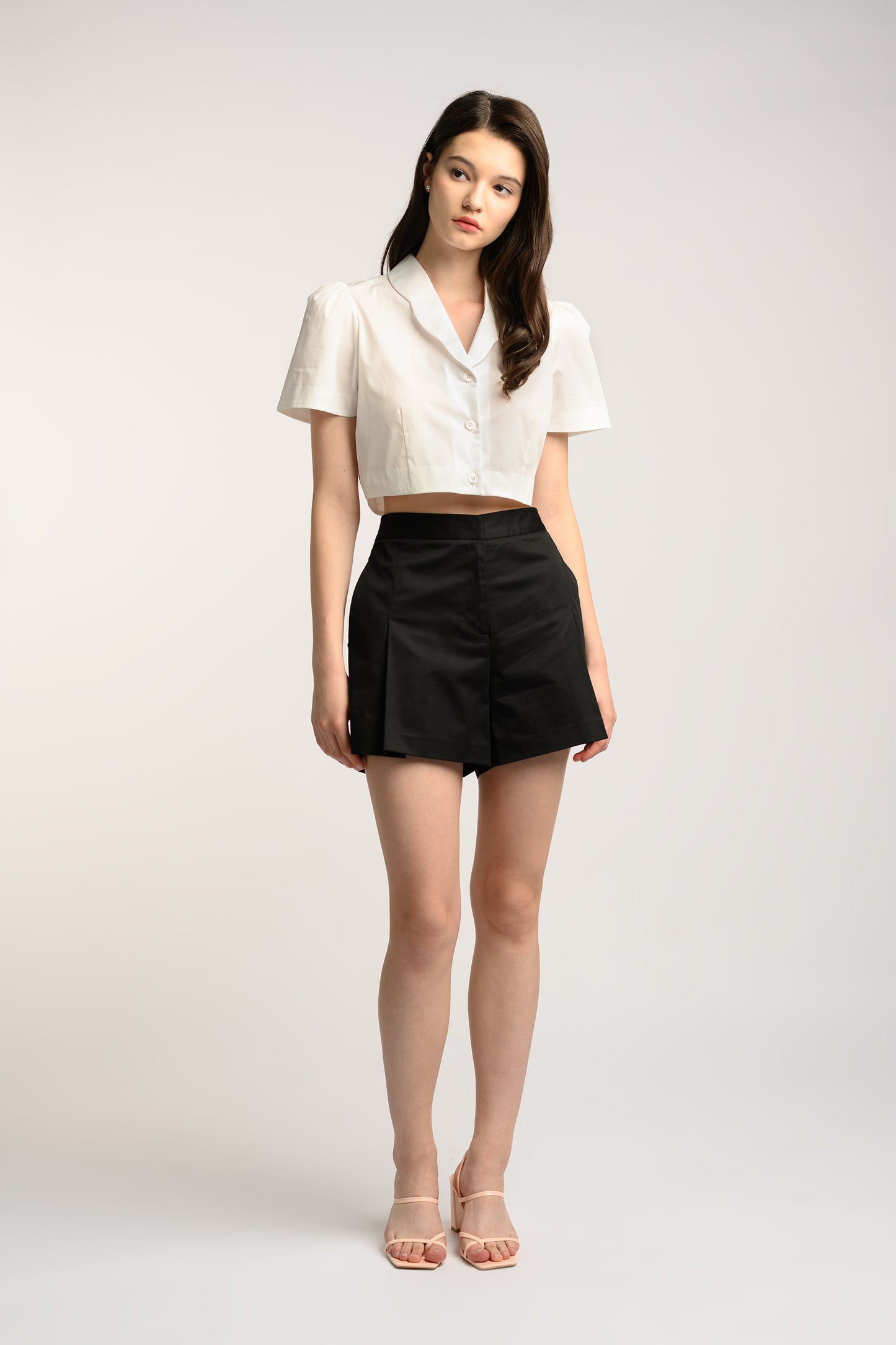 Cotton Pleated High Waist Shorts - Black