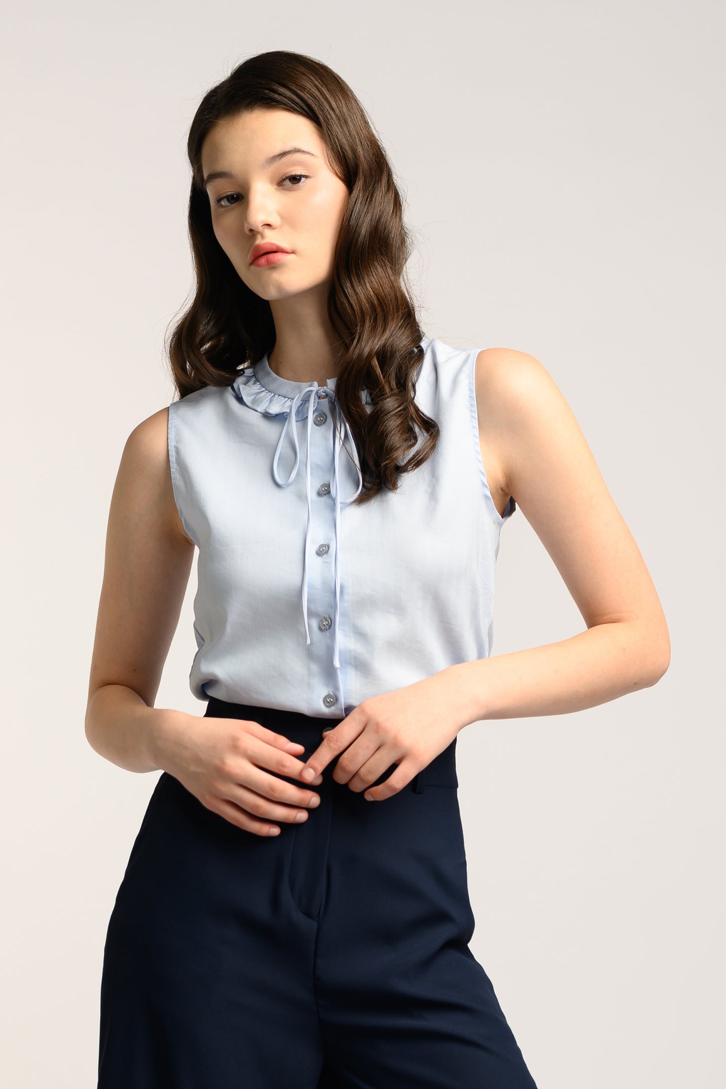 Blouse With Frill Trim Collar - Frost Blue
