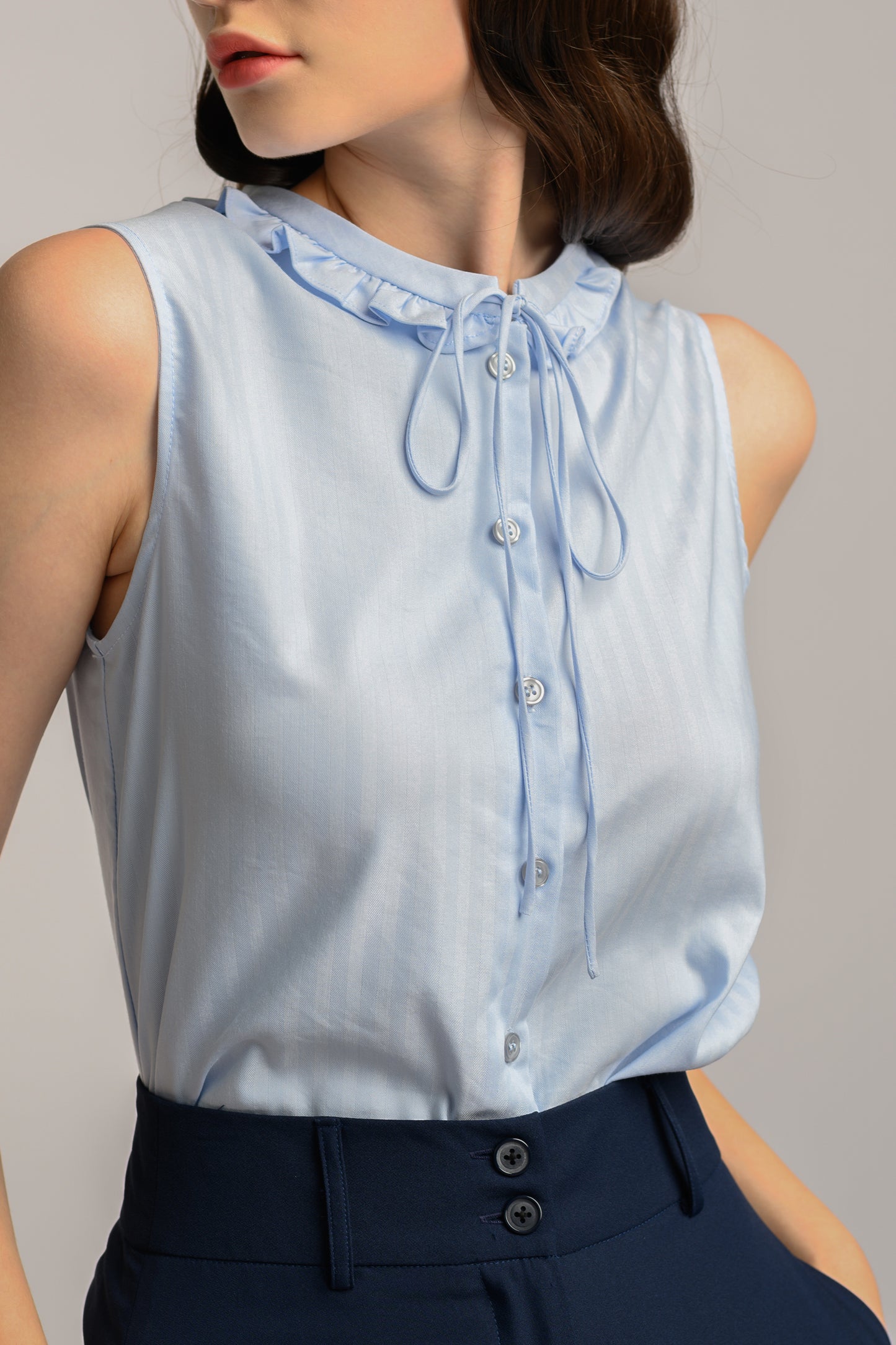 Blouse With Frill Trim Collar - Frost Blue