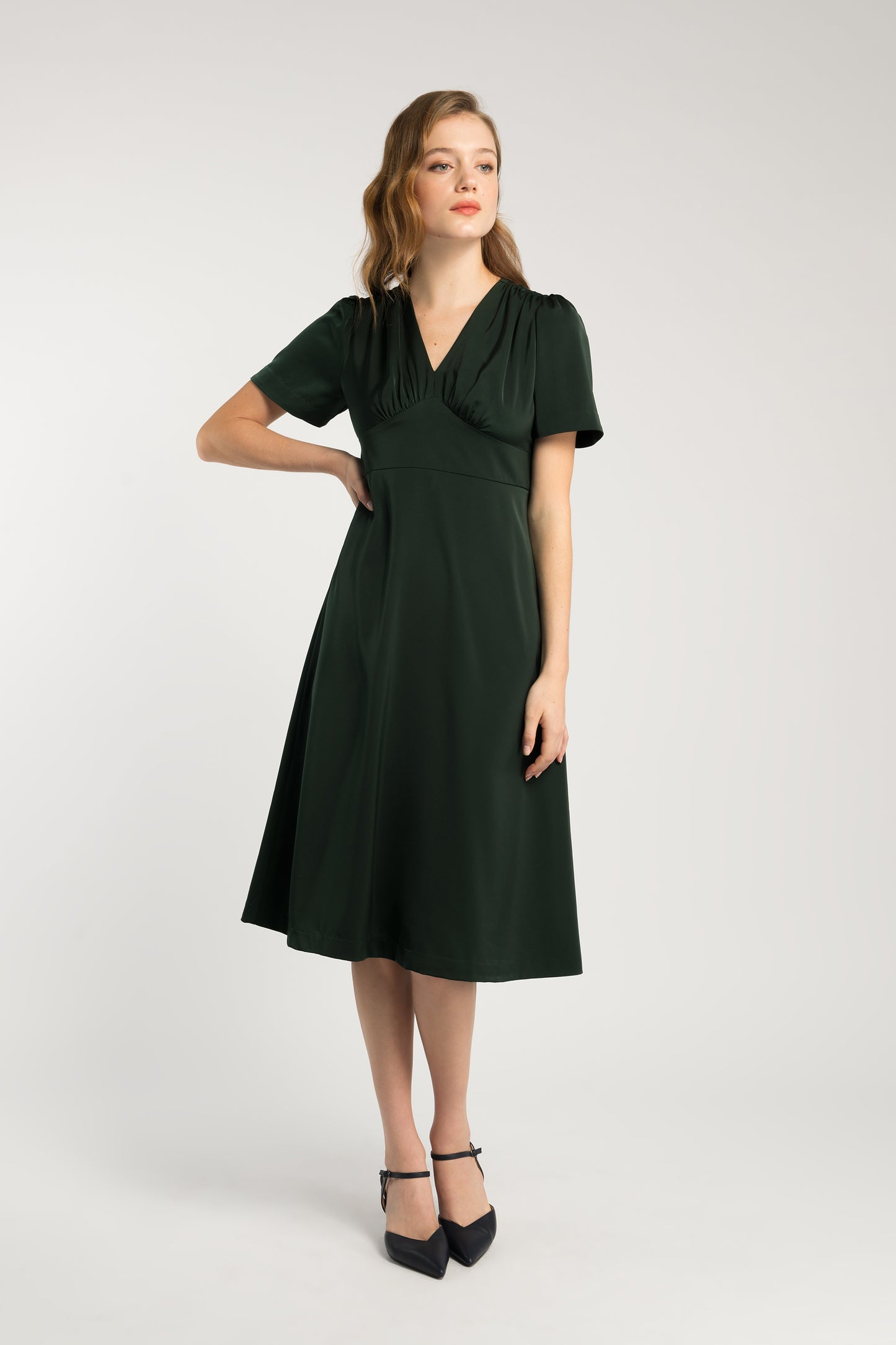 Dress With Gather Detail - Forest