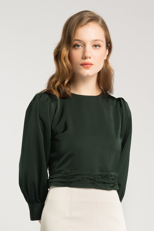 Satin Blouse With Ruche Detail - Forest