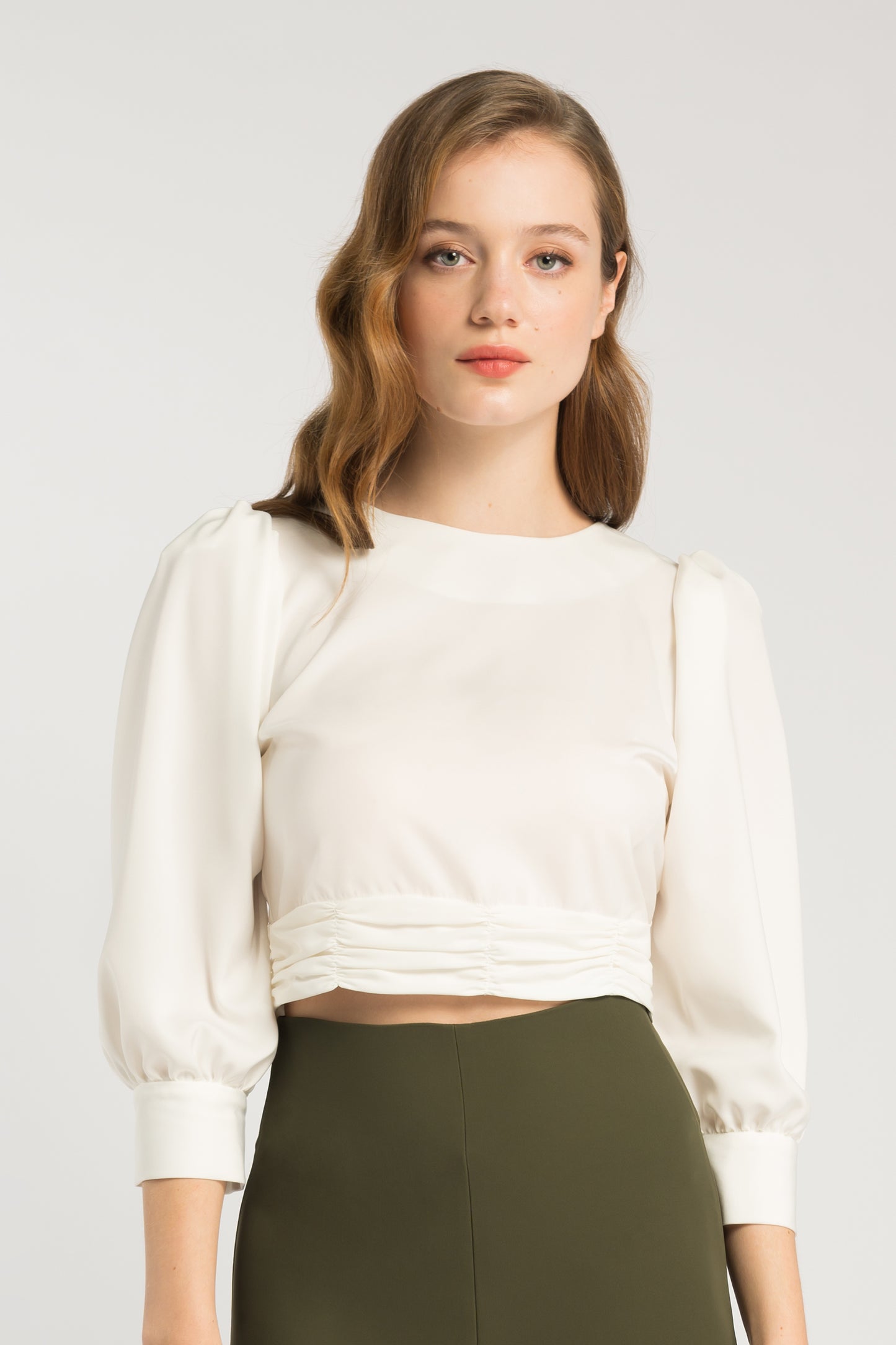Satin Blouse With Ruche Detail - White