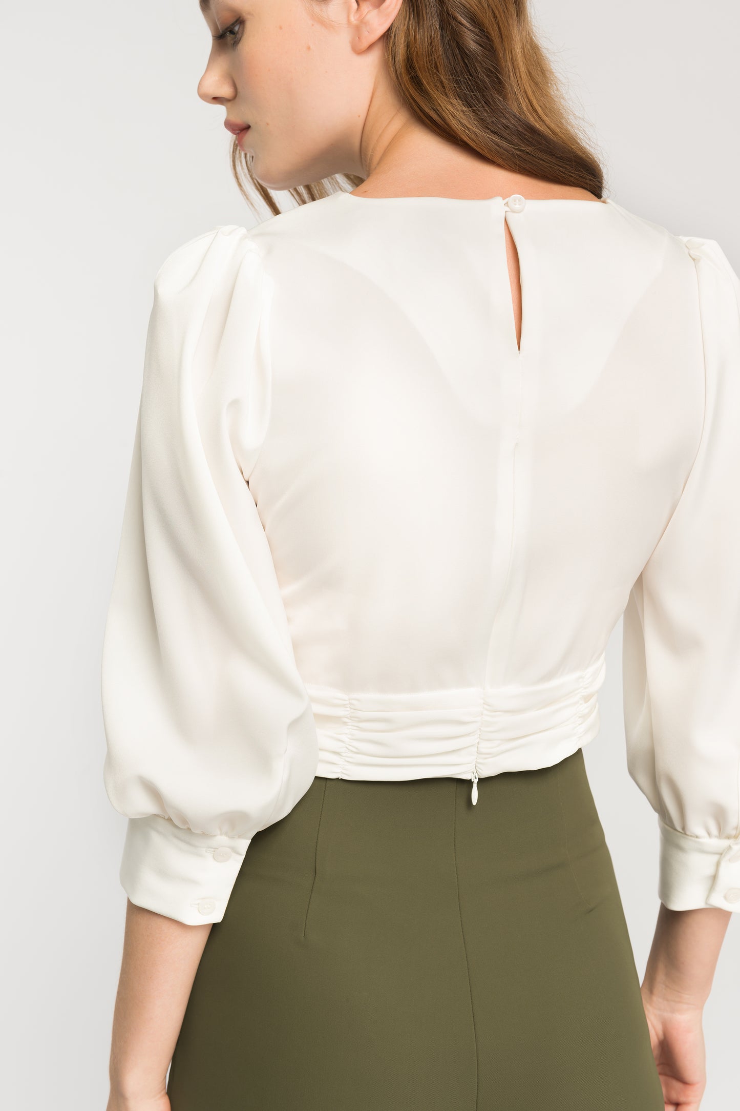 Satin Blouse With Ruche Detail - White