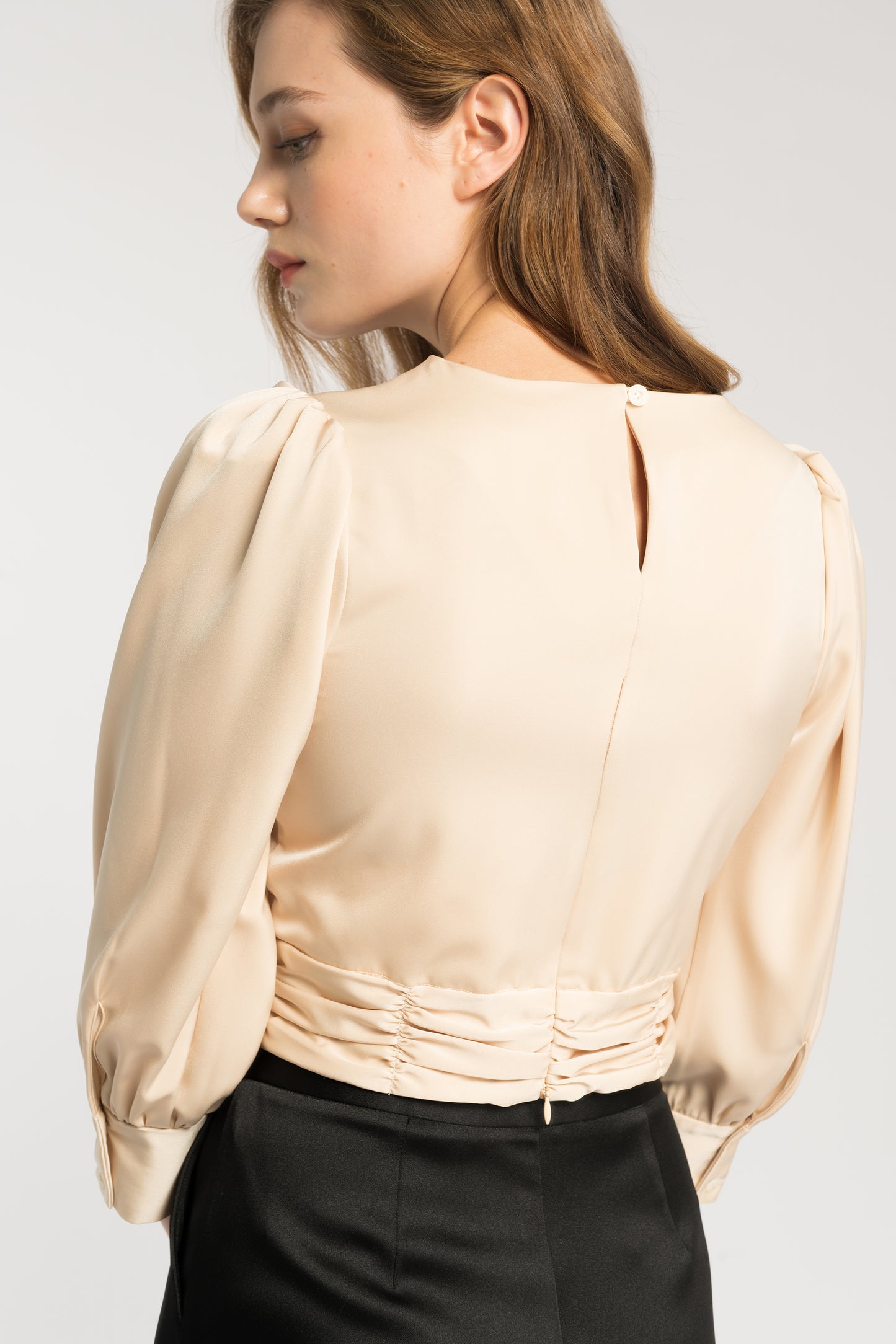 Satin Blouse With Ruche Detail - Light Taupe