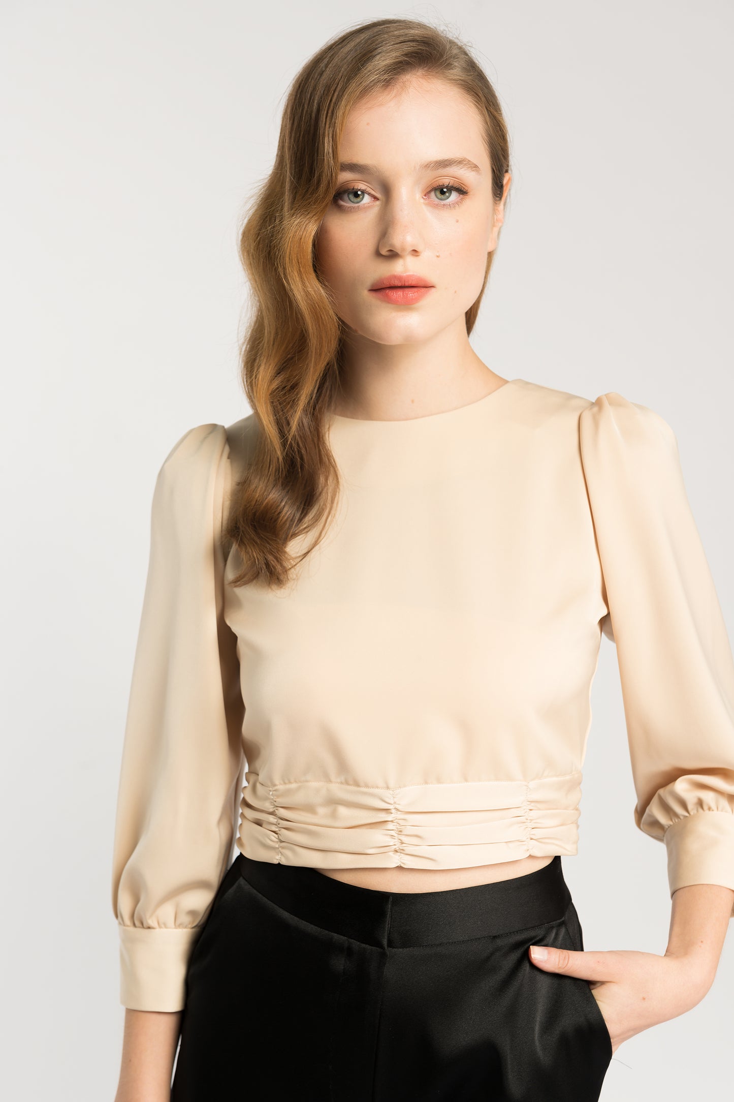 Satin Blouse With Ruche Detail - Light Taupe