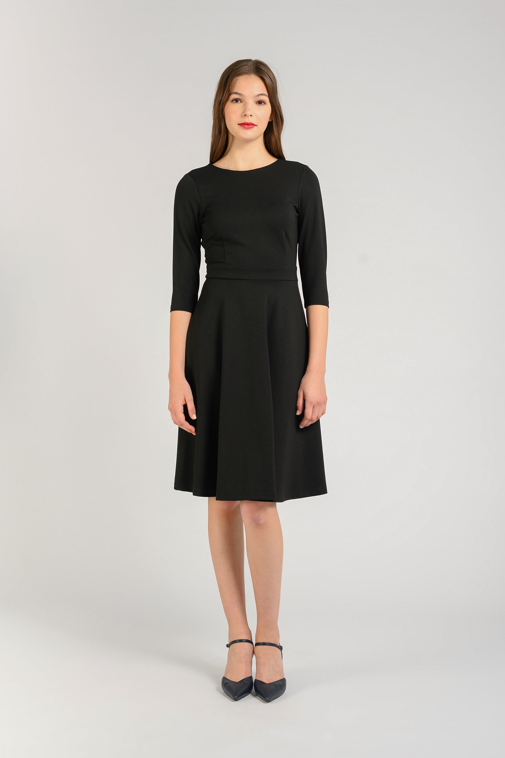 Black fit and outlet flare dress knee length