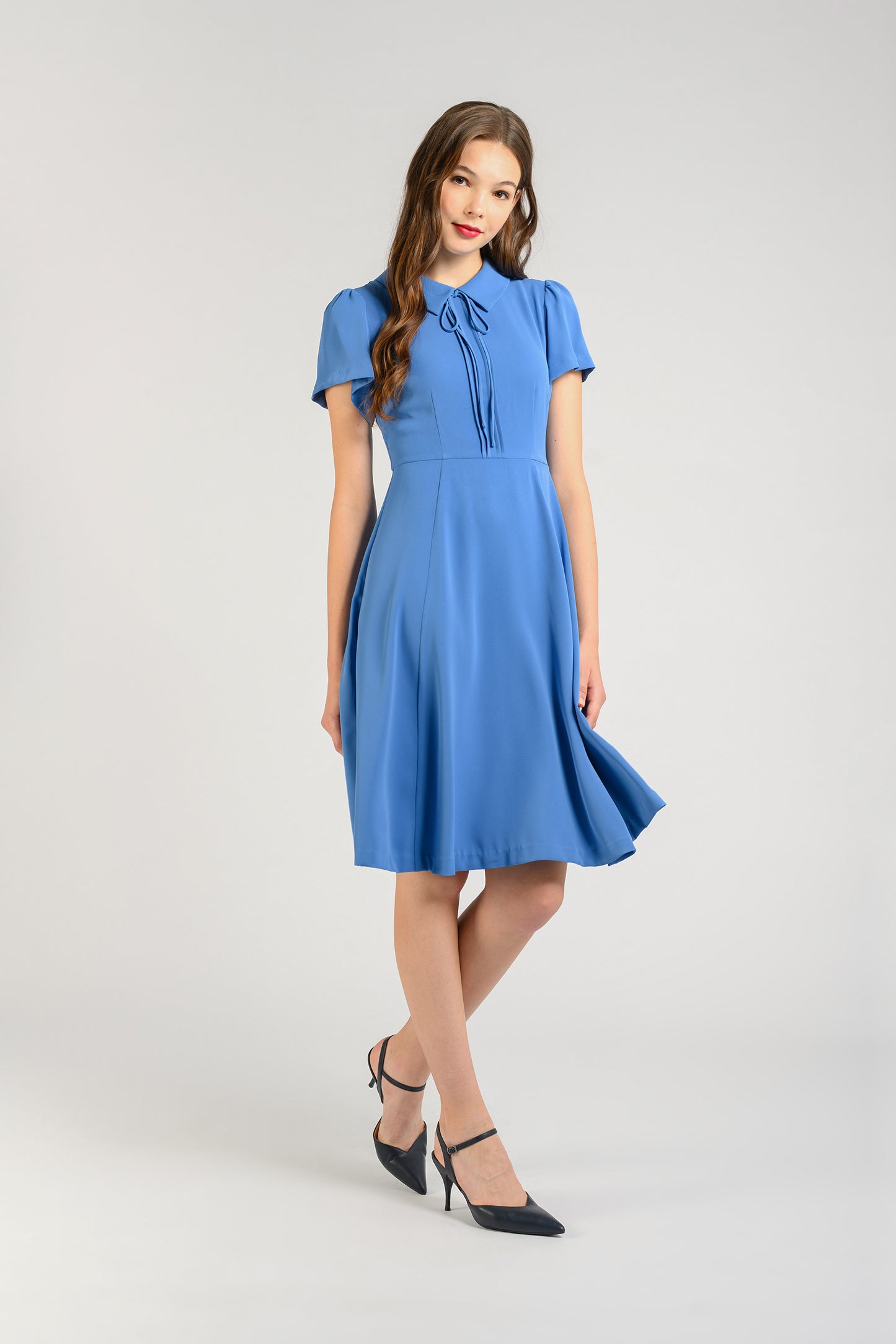 Tie Ribbon Pintuck Dress - Azure Blue