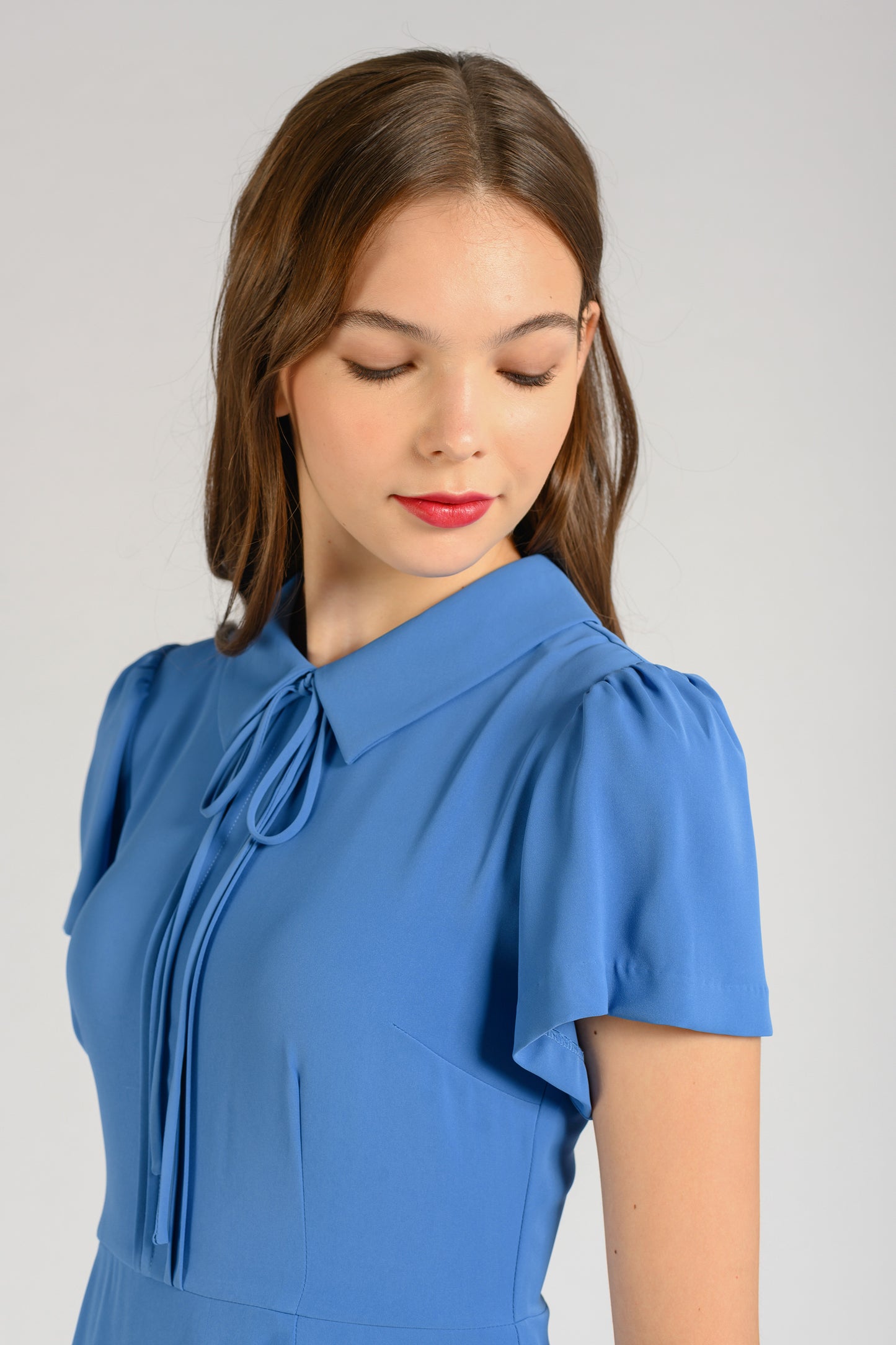 Tie Ribbon Pintuck Dress - Azure Blue
