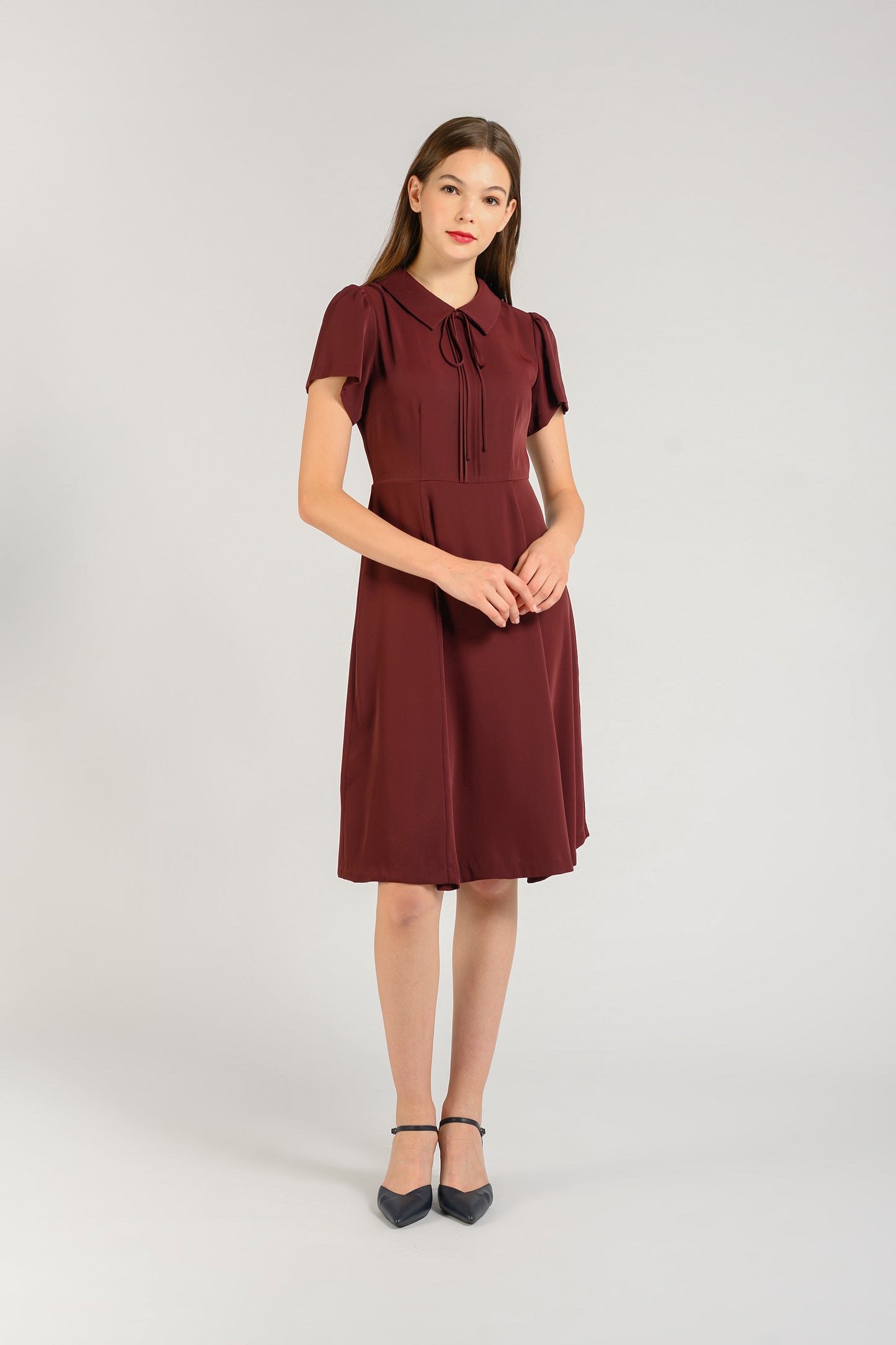 Tie Ribbon Pintuck Dress - Wineberry