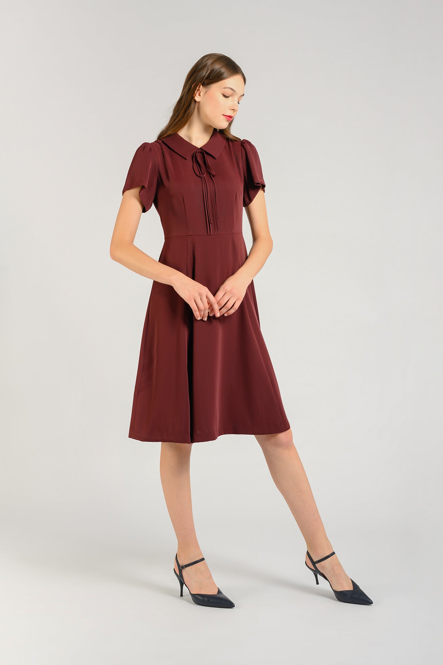 Tie Ribbon Pintuck Dress - Wineberry