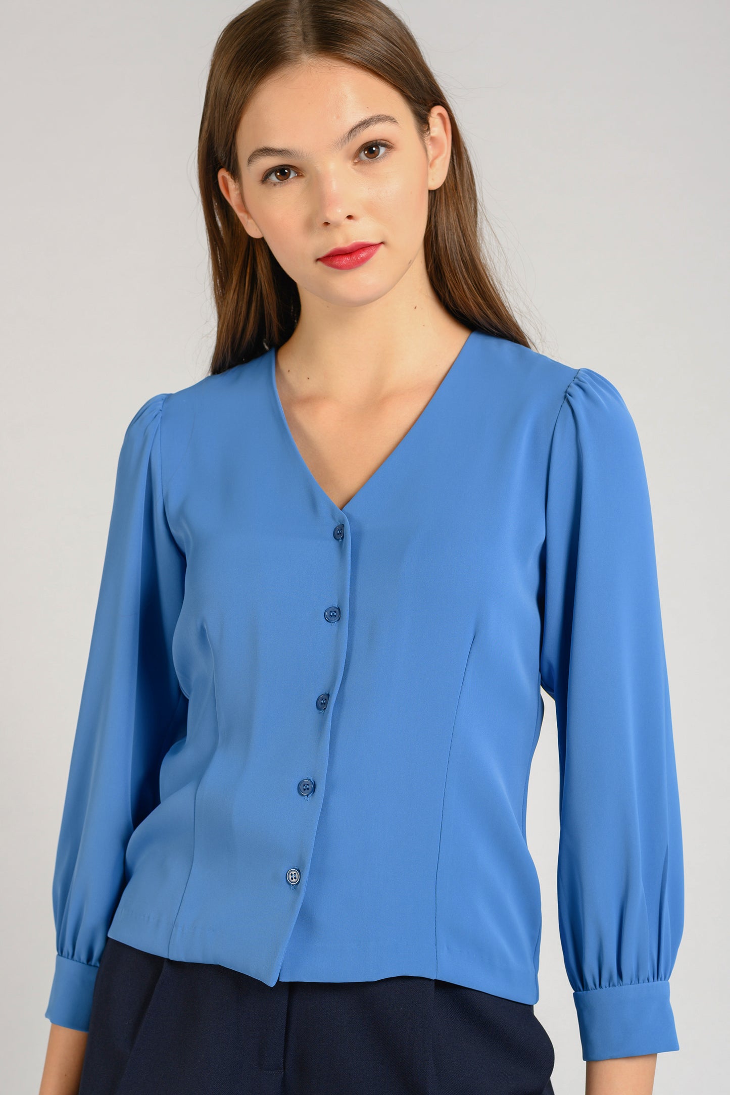 Buttoned-down V-neck Blouse - Azure Blue