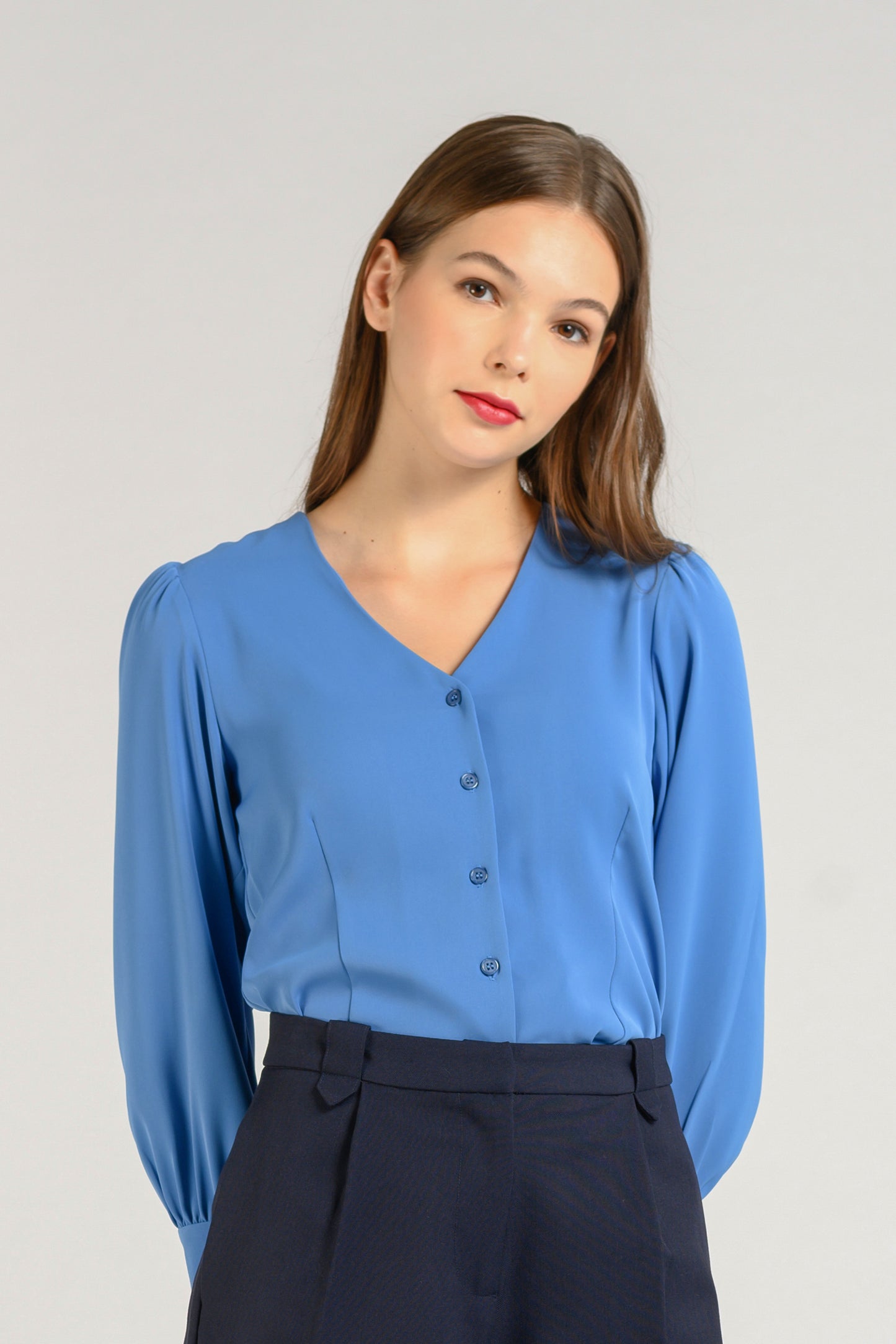 Buttoned-down V-neck Blouse - Azure Blue