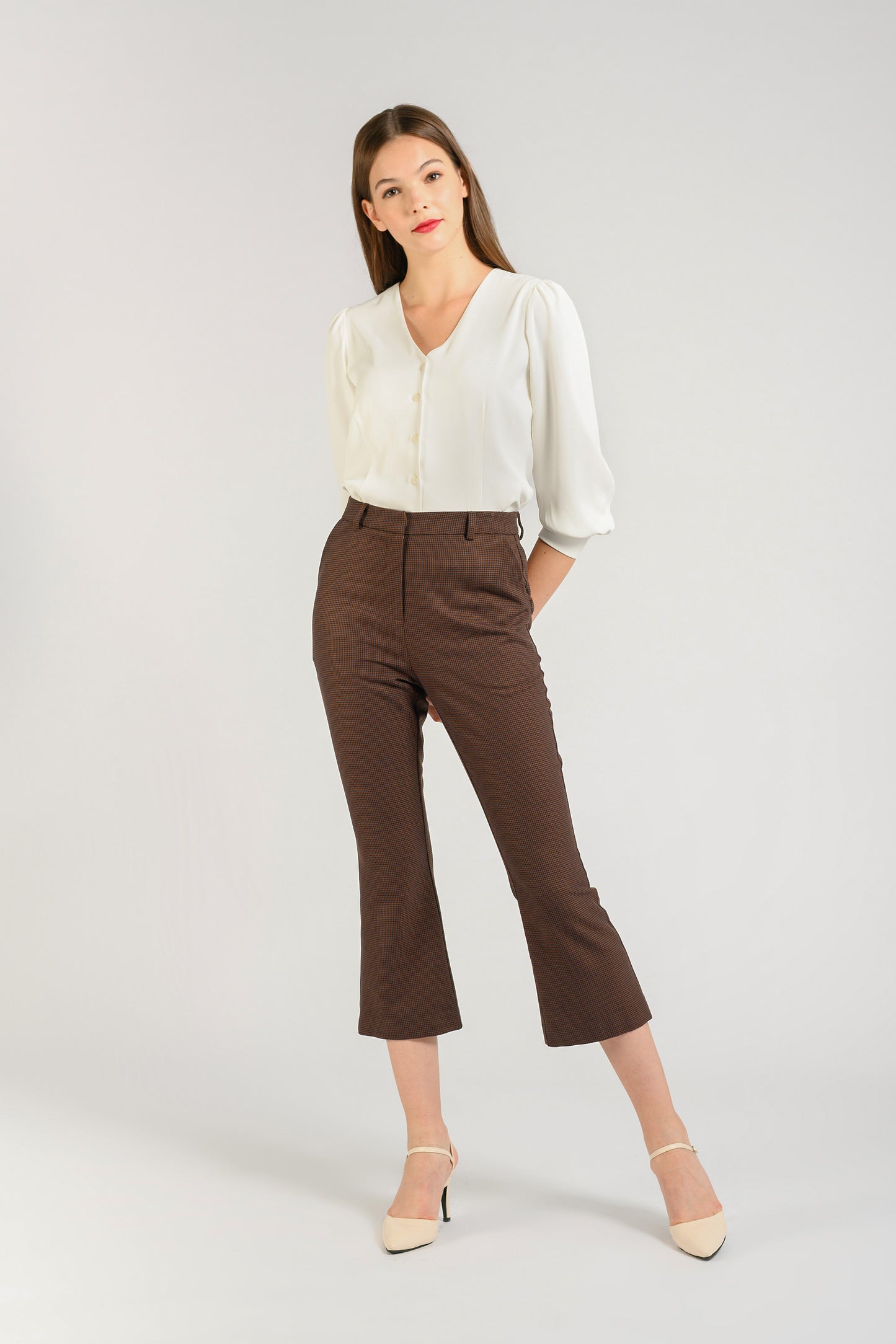 Pants With Mini Flare - Houndstooth Brown