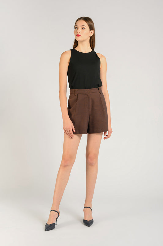 High Waist Shorts With Belt-Loop Detail - Houndstooth Brown