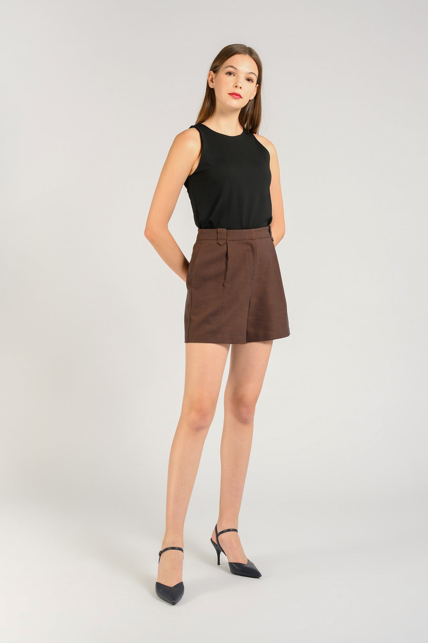 High Waist Shorts With Belt-Loop Detail - Houndstooth Brown