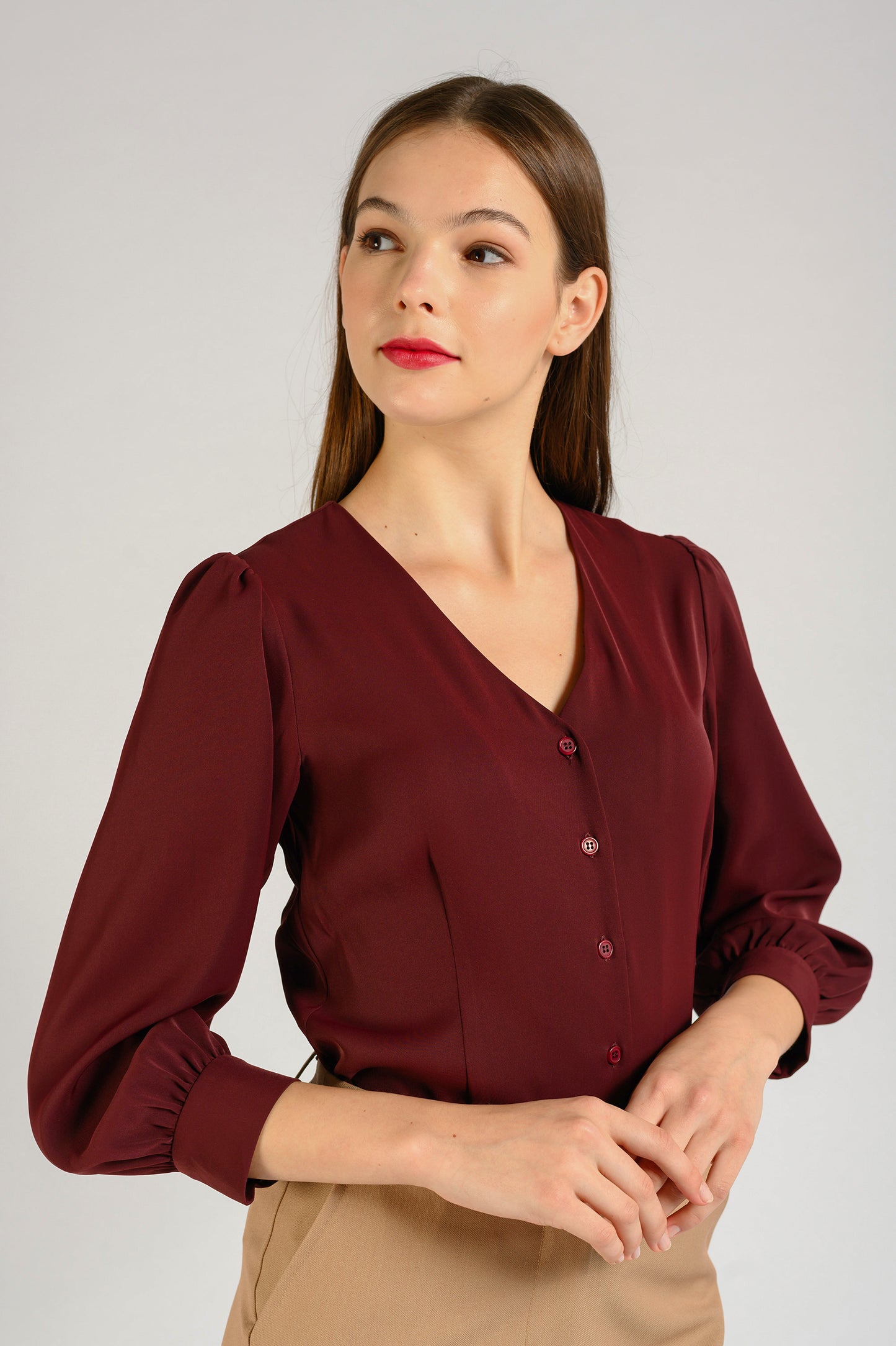 Buttoned-down V-neck Blouse - Wineberry