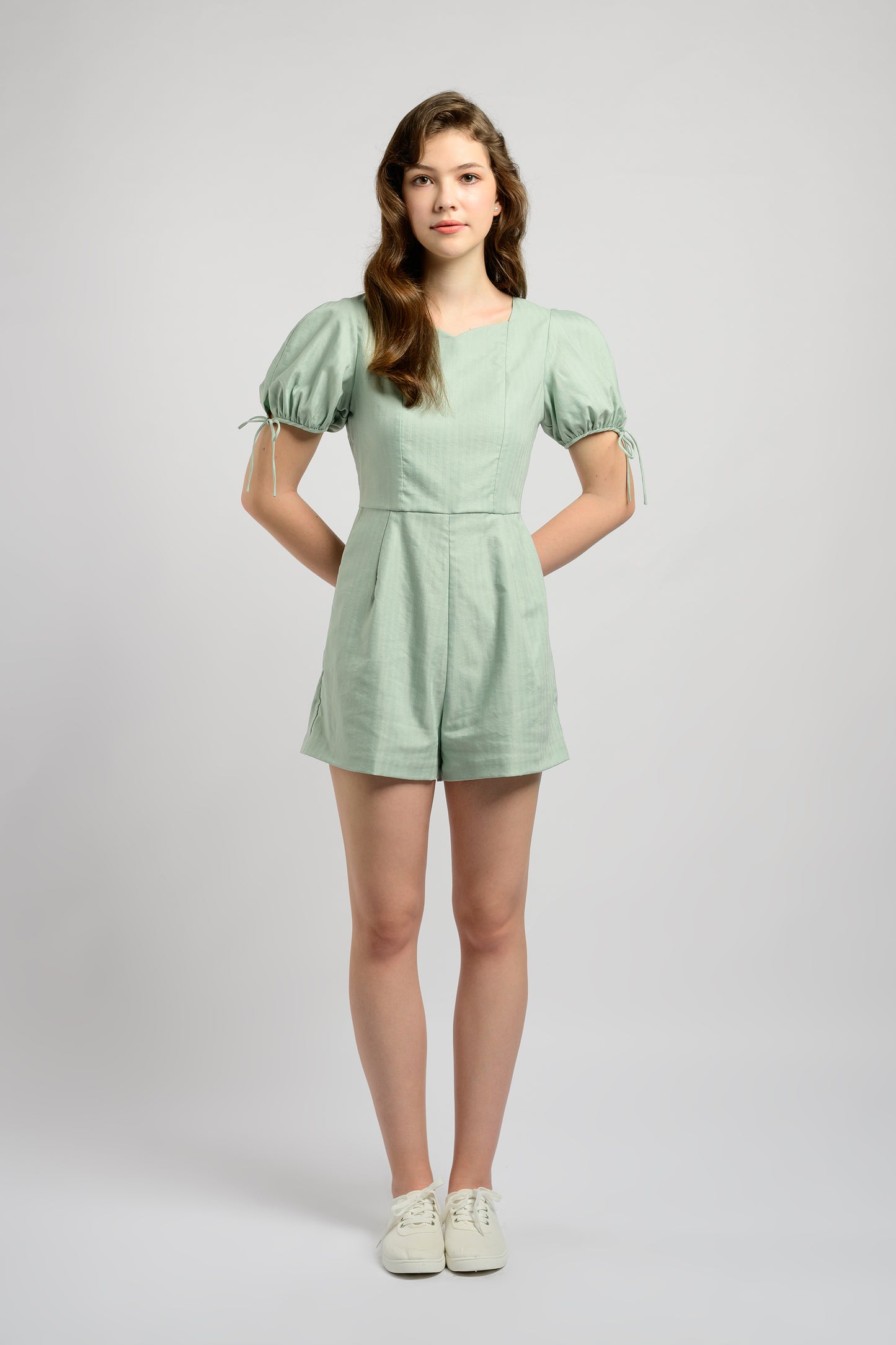 Puff Sleeve Romper With Tie-String Detail - Mint