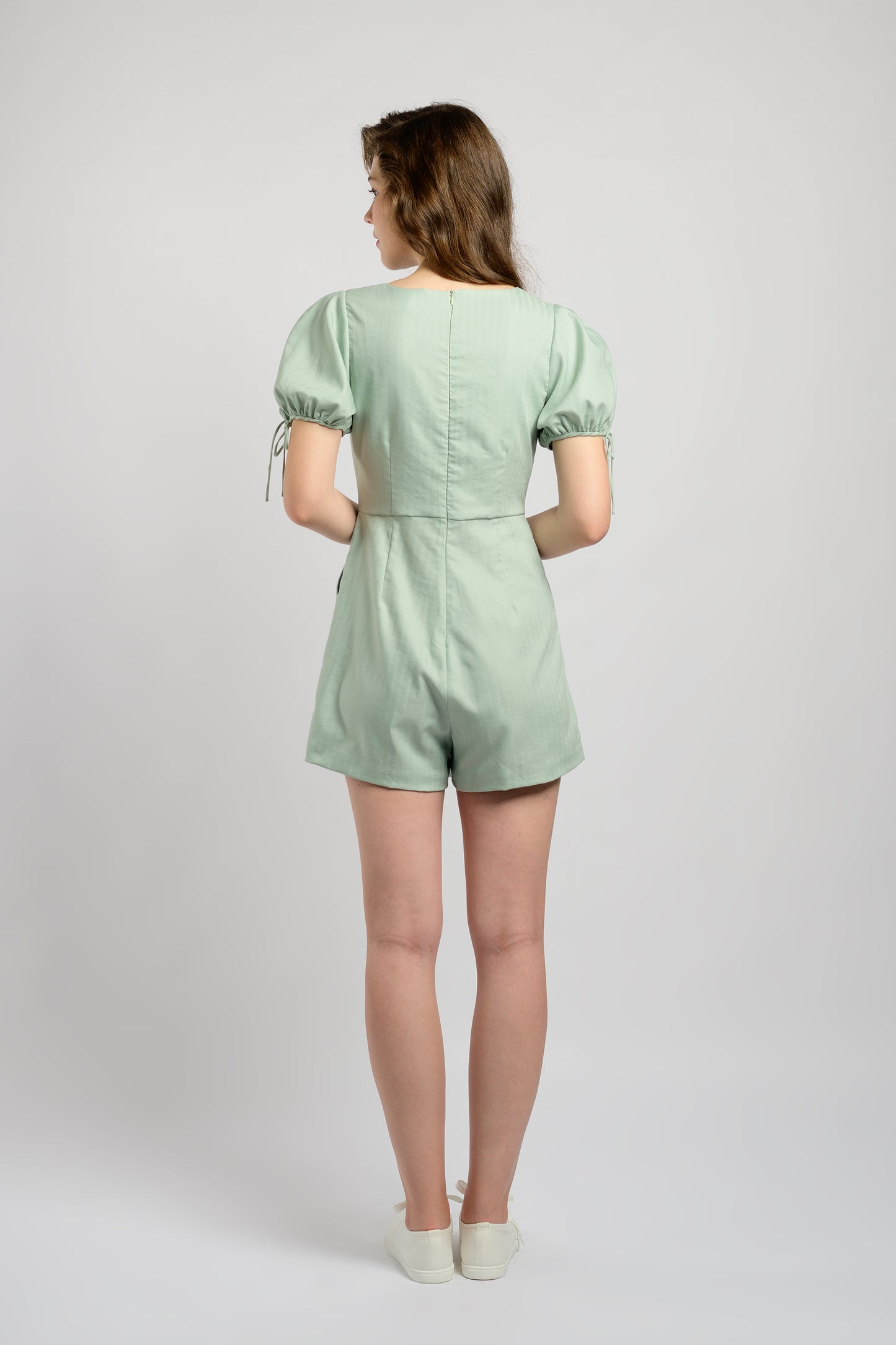 Puff Sleeve Romper With Tie-String Detail - Mint