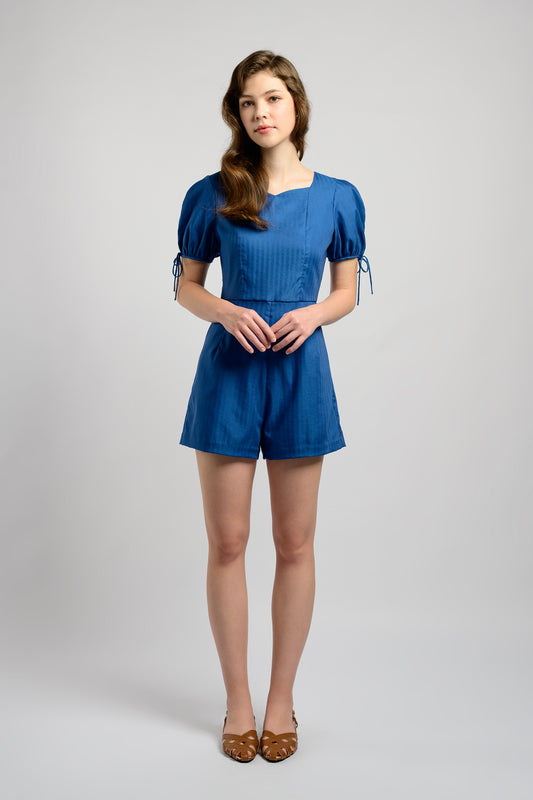 Puff Sleeve Romper With Tie-String Detail - Royal Blue