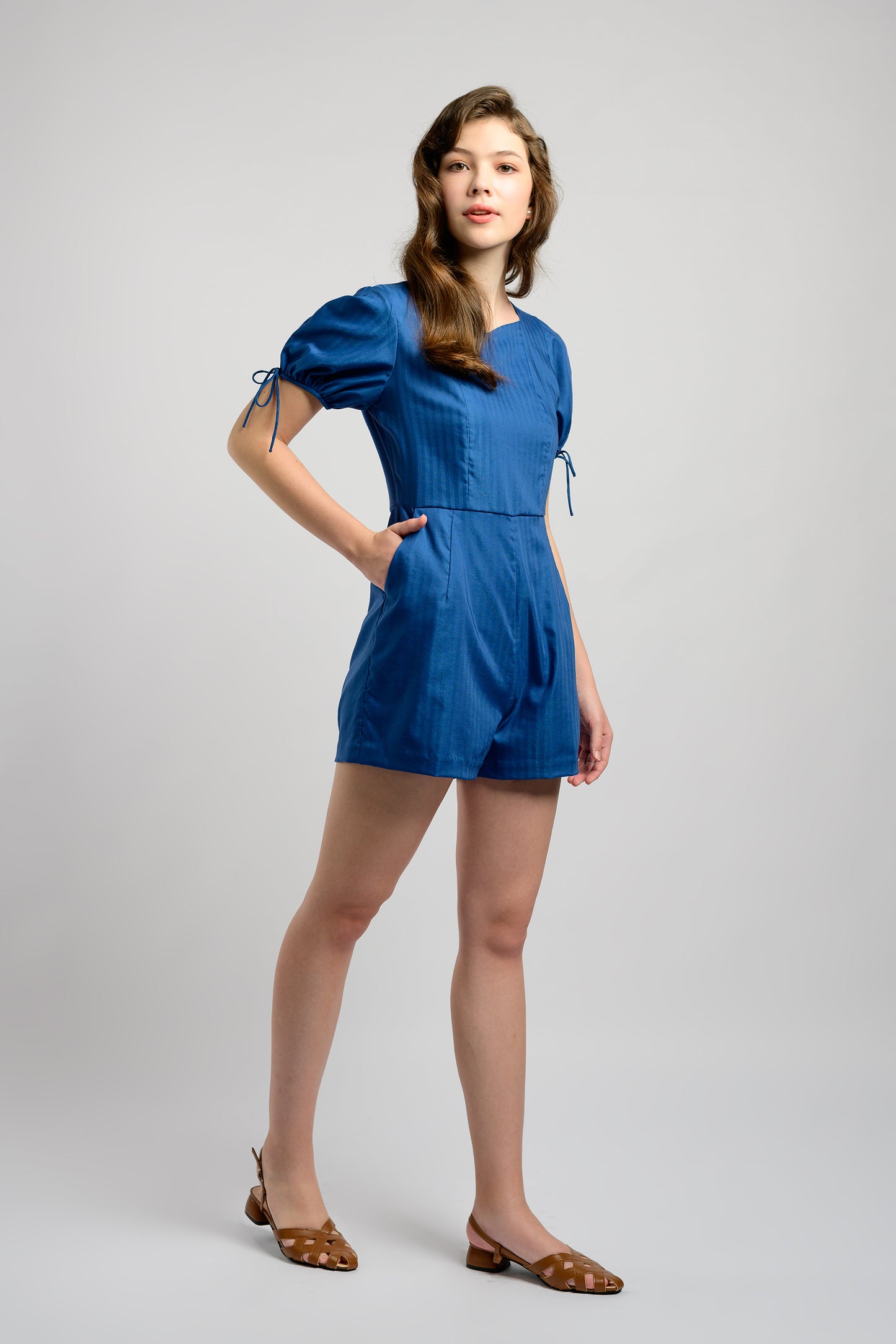 Puff Sleeve Romper With Tie-String Detail - Royal Blue