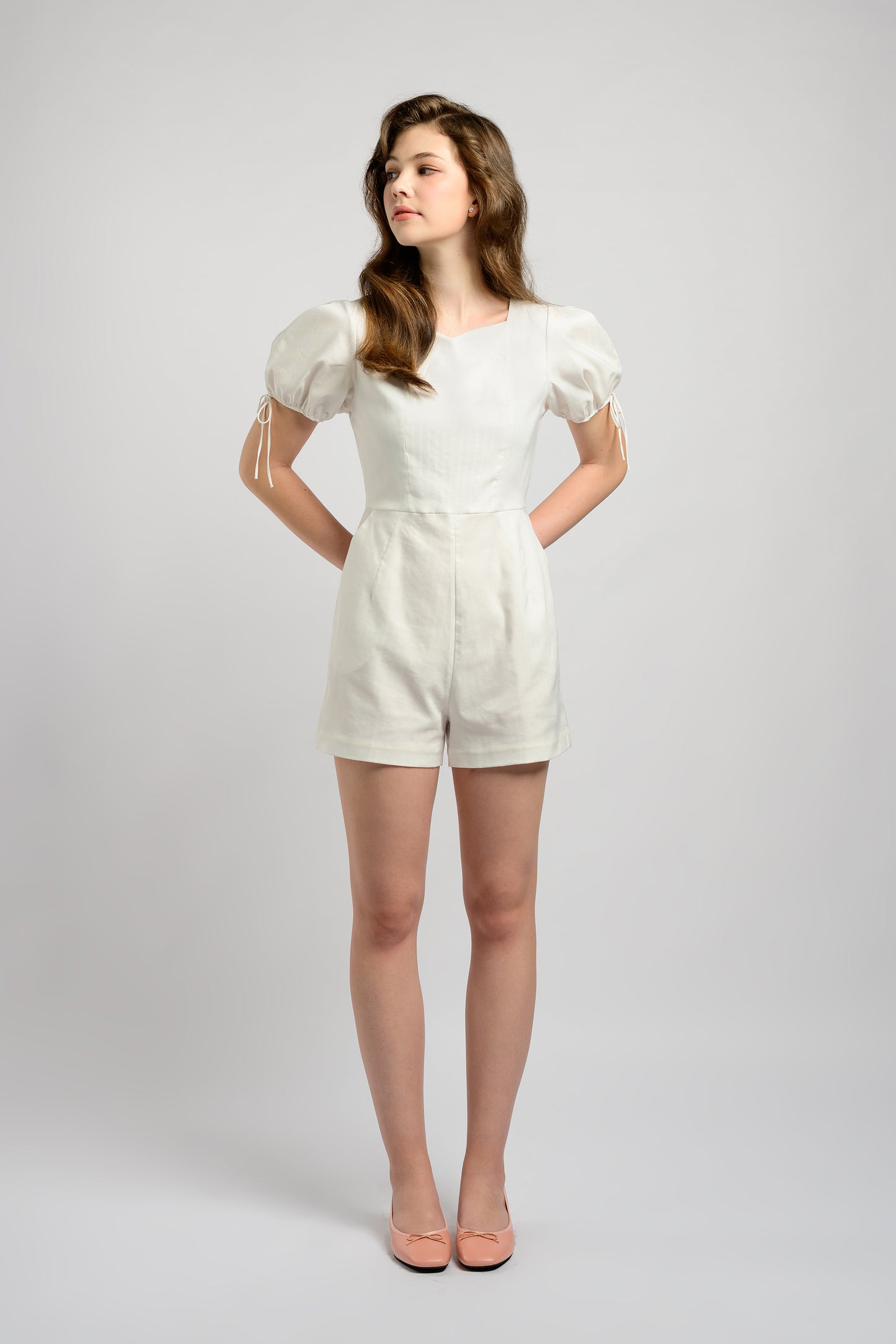 Puff Sleeve Romper With Tie-String Detail - White