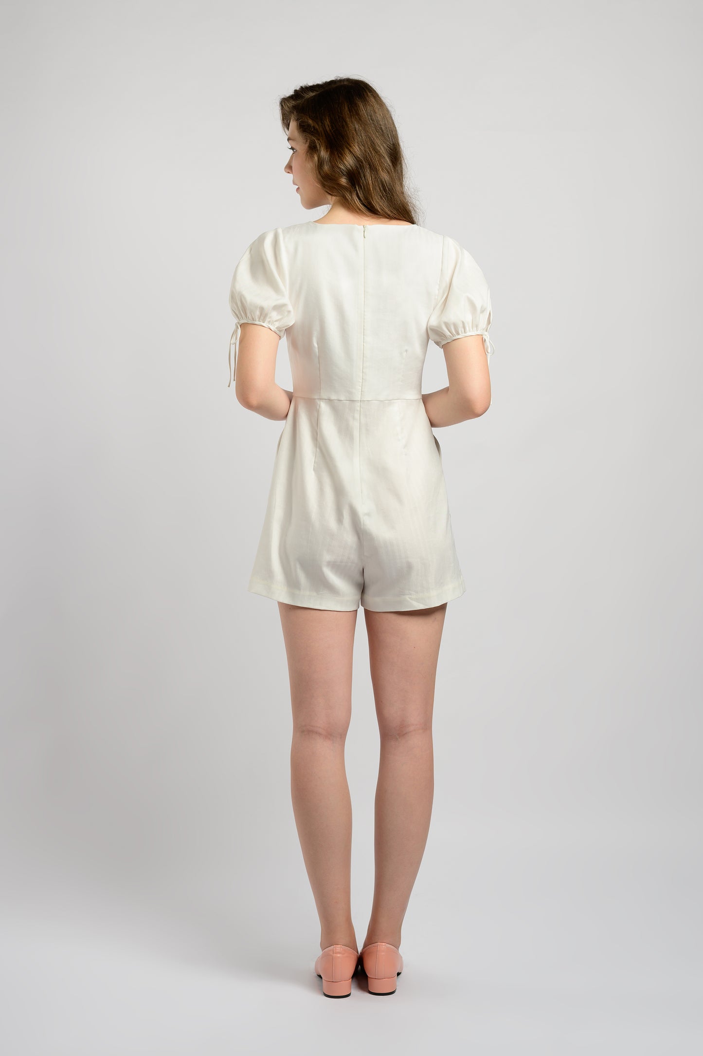 Puff Sleeve Romper With Tie-String Detail - White